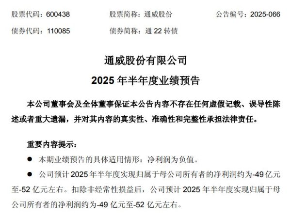天猫配资端 通威股份：预计上半年净亏损49亿元-52亿元